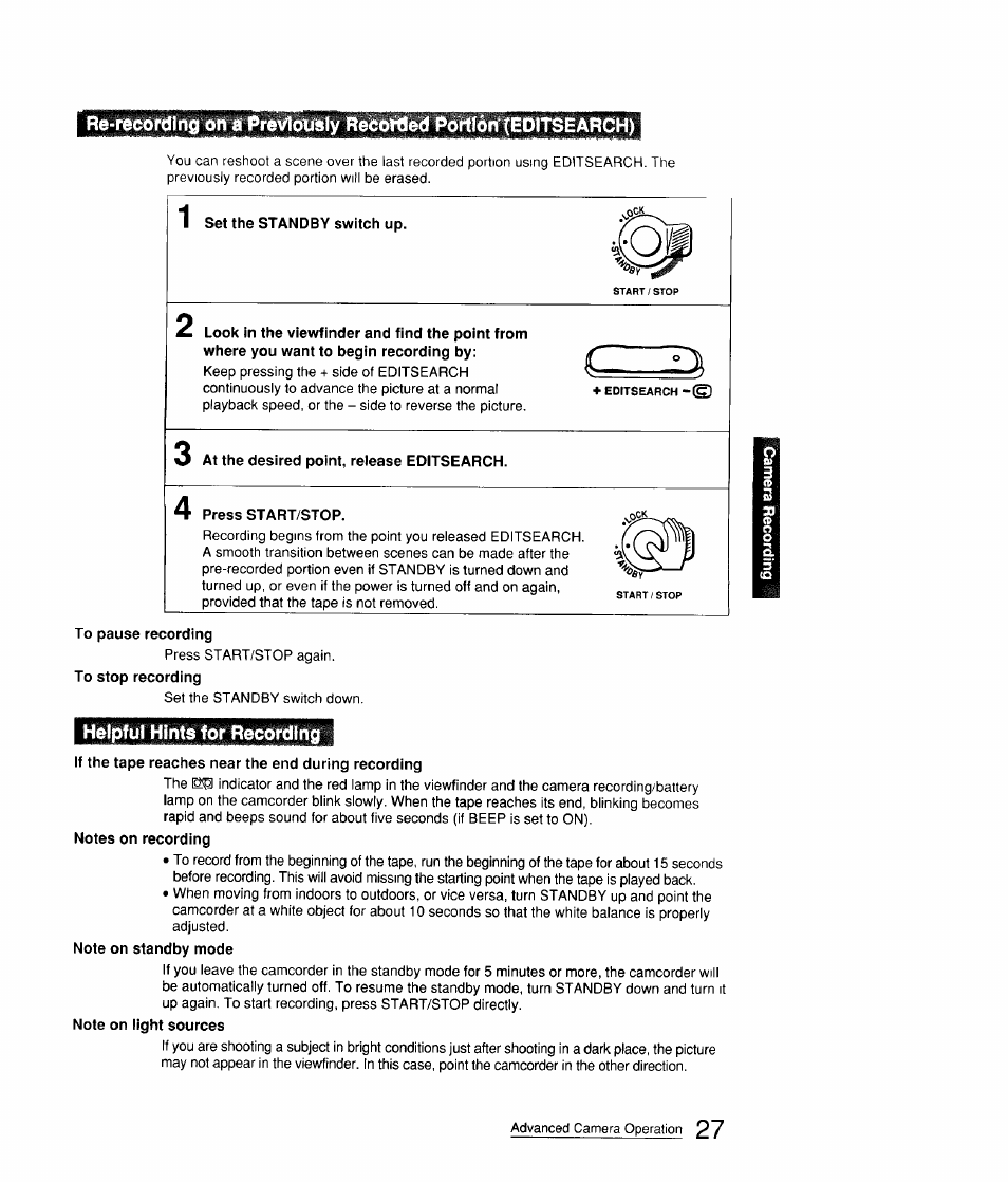 Set the standby switch up, At the desired point, release editsearch, Press start/stop | To pause recording, Helpful hints for recording, If the tape reaches near the end during recording | Sony CCD-FX310 User Manual | Page 27 / 52