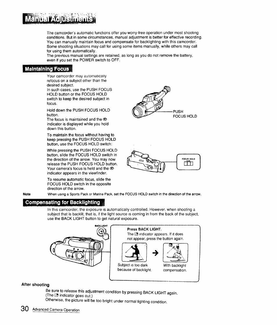 Maintaining focus, Compensating for backlighting, After shooting | Sony CCD-FX310 User Manual | Page 30 / 52
