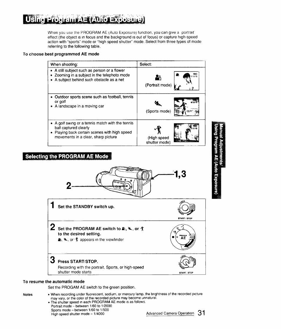 To resume the automatic mode, Selecting the program ae mode | Sony CCD-FX310 User Manual | Page 31 / 52