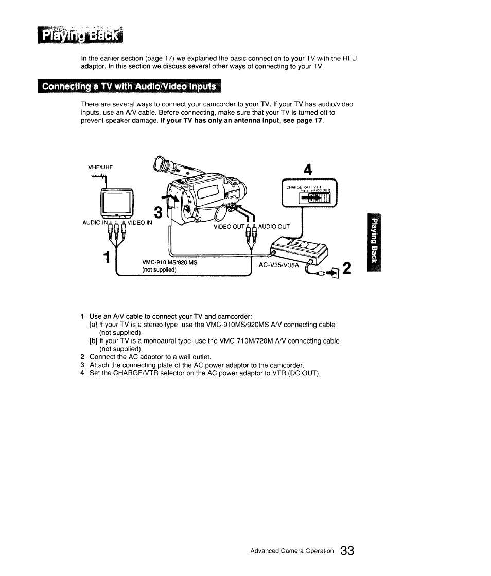 Connecting a tv with audlo/video inputs | Sony CCD-FX310 User Manual | Page 33 / 52