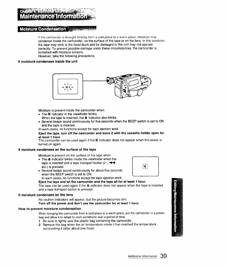 If moisture condenses on the lens, Maìntehhhcèinforfn, Moisture condensation | Sony CCD-FX310 User Manual | Page 39 / 52