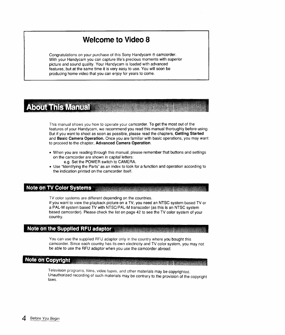 Note on tv color systems, Note on the supplied rfu adaptor, Note on copyright | Welcome to video 8 | Sony CCD-FX310 User Manual | Page 4 / 52