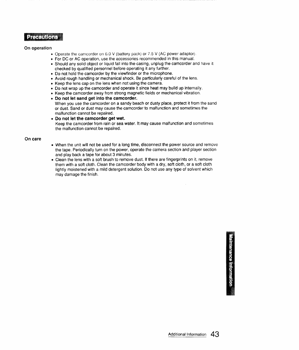 On care | Sony CCD-FX310 User Manual | Page 43 / 52