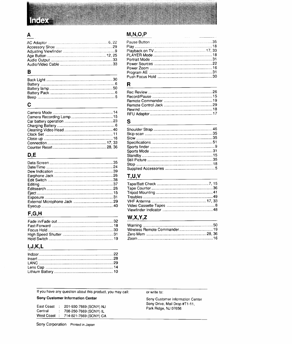 T,u,v | Sony CCD-FX310 User Manual | Page 52 / 52