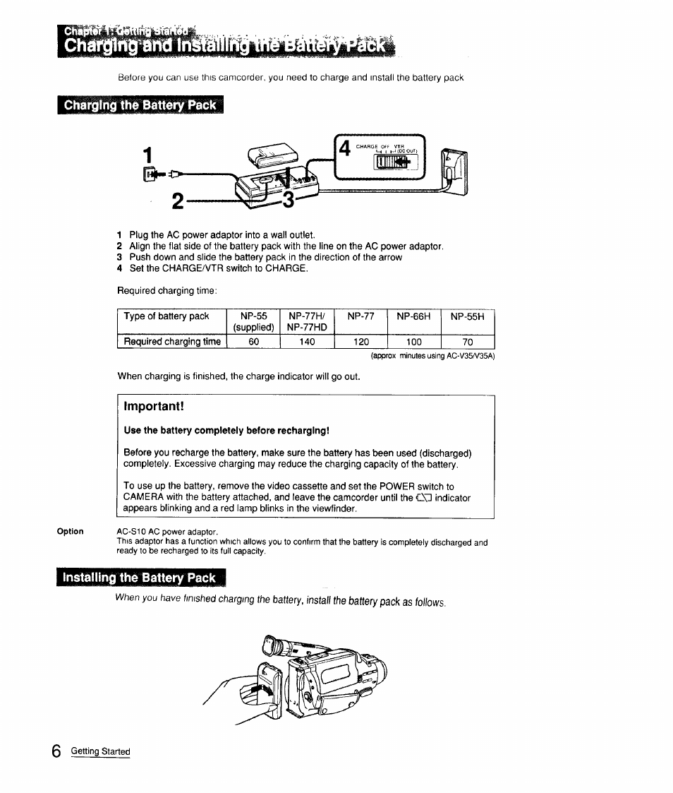 Charging the battery pack, Use the battery completely before recharging, Installing the battery pack | Charging and installing the battery pack, Châf^ng'ârid inl • j i t b, Jbj us «1» tfr, Important | Sony CCD-FX310 User Manual | Page 6 / 52