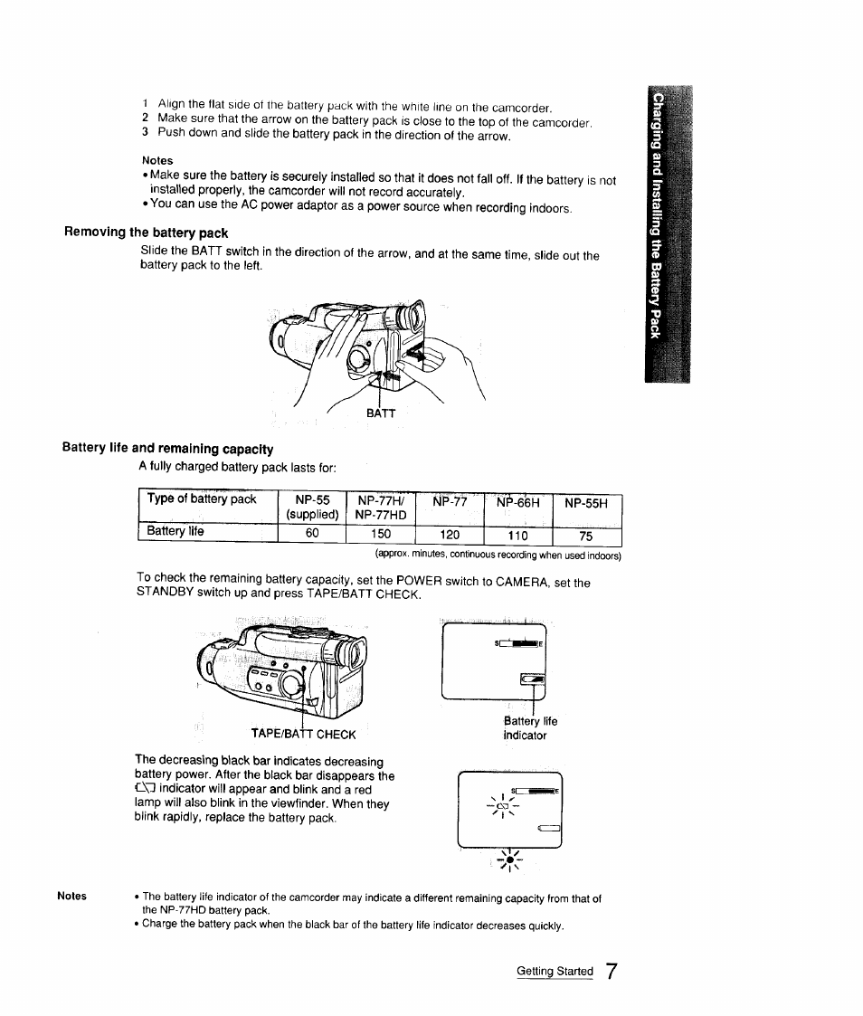 Removing the battery pack, Battery life and remaining capacity | Sony CCD-FX310 User Manual | Page 7 / 52