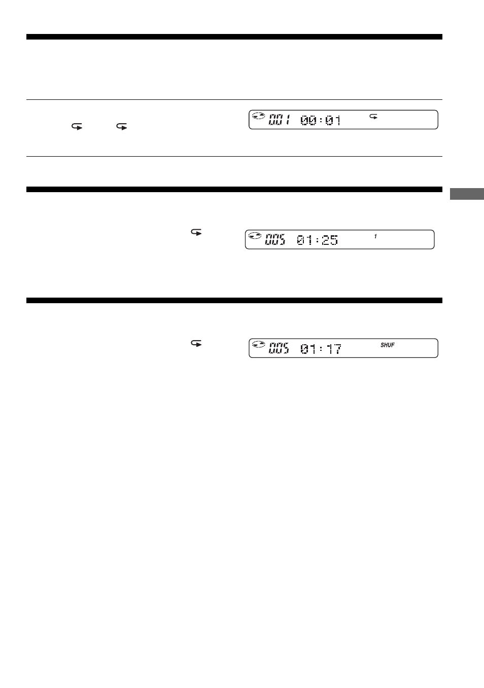 Playing tracks repeatedly (repeat play), Playing a single track (single play), Playing tracks in random order (shuffle play) | Playing tracks in random order, Shuffle play), Playing tracks repeatedly, Playing a single track | Sony D-EJ985 User Manual | Page 11 / 32