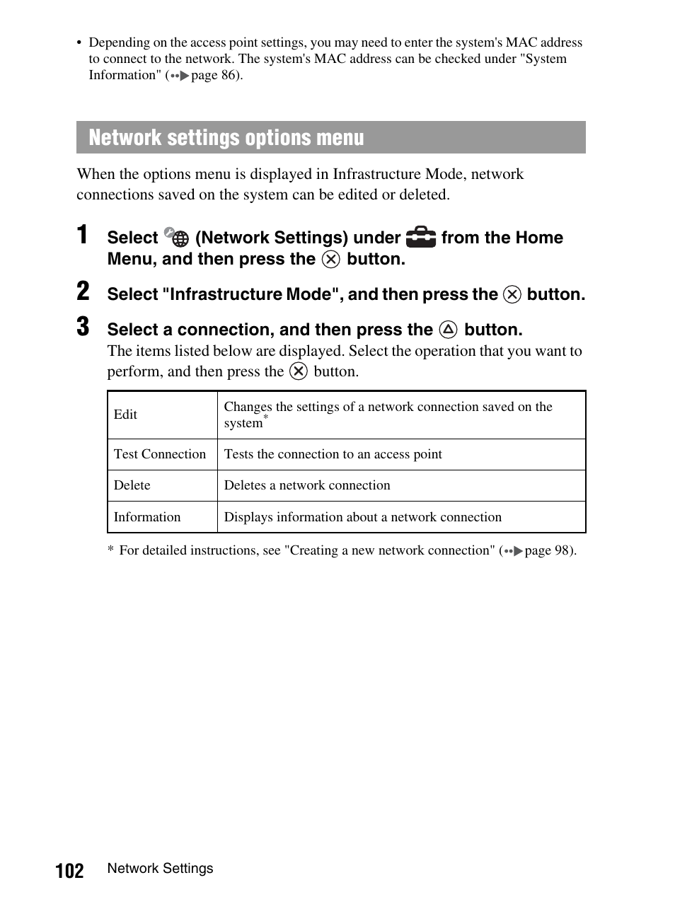 Network settings options menu | Sony PlayStation Portable PSP-1003 K User Manual | Page 102 / 132