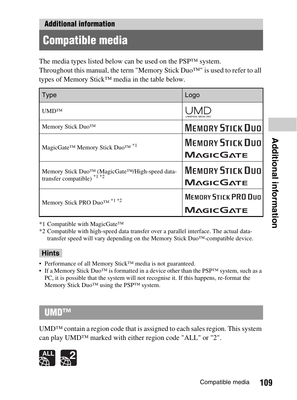 Additional information, Compatible media, 109 ad d iti on al i n fo rmatio n | Sony PlayStation Portable PSP-1003 K User Manual | Page 109 / 132