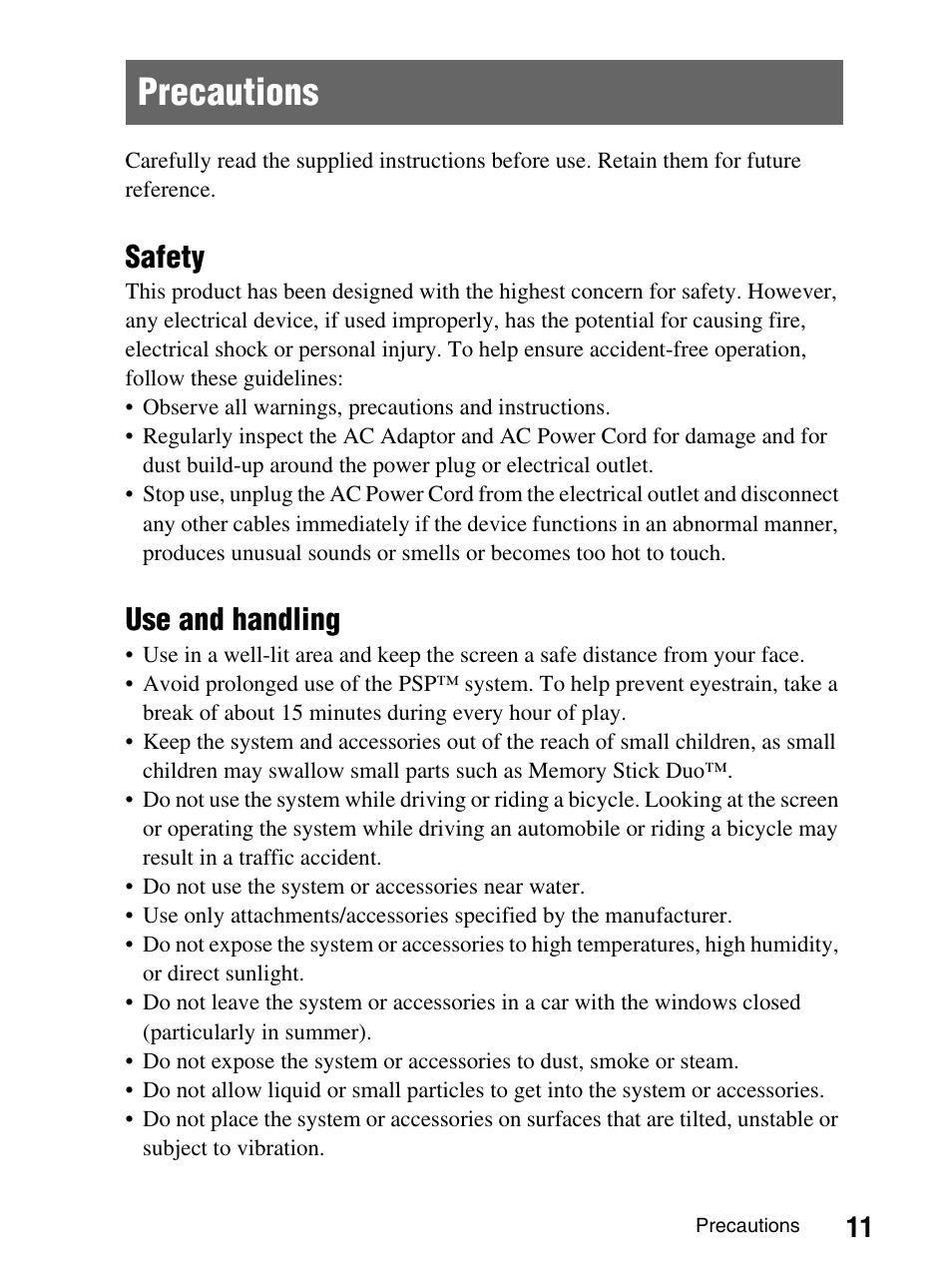 Precautions, Safety, Use and handling | Sony PlayStation Portable PSP-1003 K User Manual | Page 11 / 132