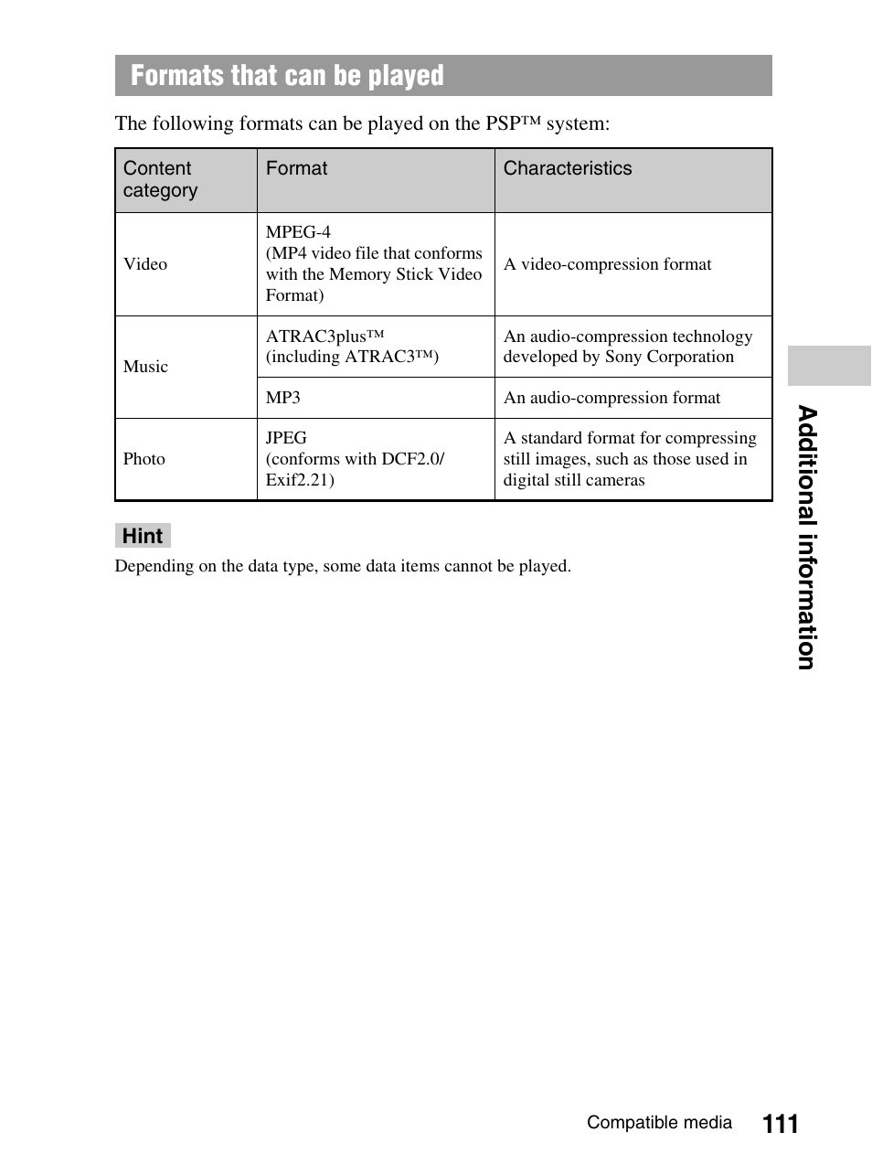 Formats that can be played, 111 ad d iti on al i n fo rmatio n | Sony PlayStation Portable PSP-1003 K User Manual | Page 111 / 132