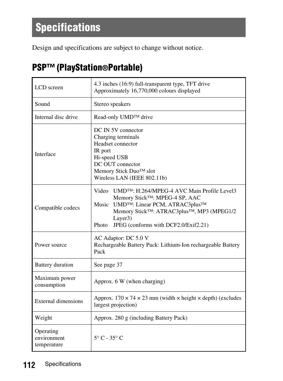 Specifications, Psp™ (playstation, Portable) | Sony PlayStation Portable PSP-1003 K User Manual | Page 112 / 132