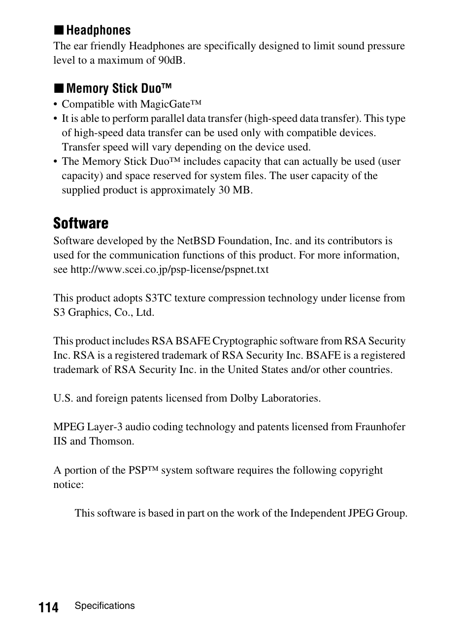 Software | Sony PlayStation Portable PSP-1003 K User Manual | Page 114 / 132