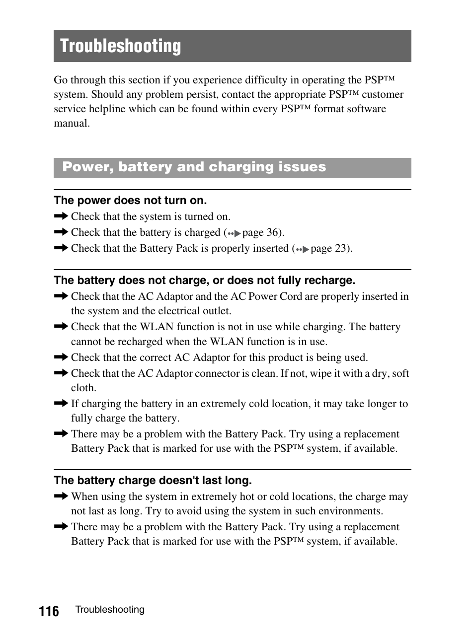 Troubleshooting, Power, battery and charging issues | Sony PlayStation Portable PSP-1003 K User Manual | Page 116 / 132