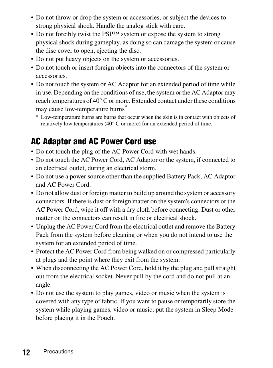 Ac adaptor and ac power cord use | Sony PlayStation Portable PSP-1003 K User Manual | Page 12 / 132