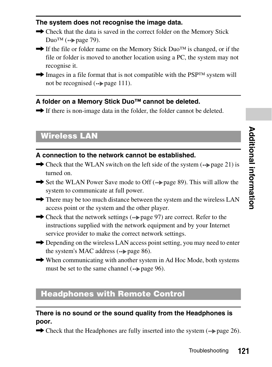 121 ad d iti on al i n fo rmatio n, Wireless lan headphones with remote control | Sony PlayStation Portable PSP-1003 K User Manual | Page 121 / 132