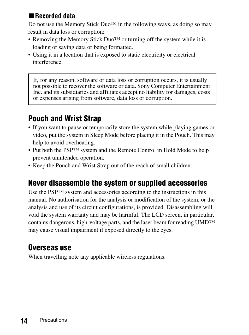 Pouch and wrist strap, Overseas use | Sony PlayStation Portable PSP-1003 K User Manual | Page 14 / 132