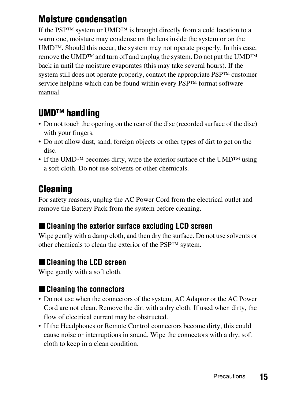 Moisture condensation, Umd™ handling, Cleaning | Sony PlayStation Portable PSP-1003 K User Manual | Page 15 / 132