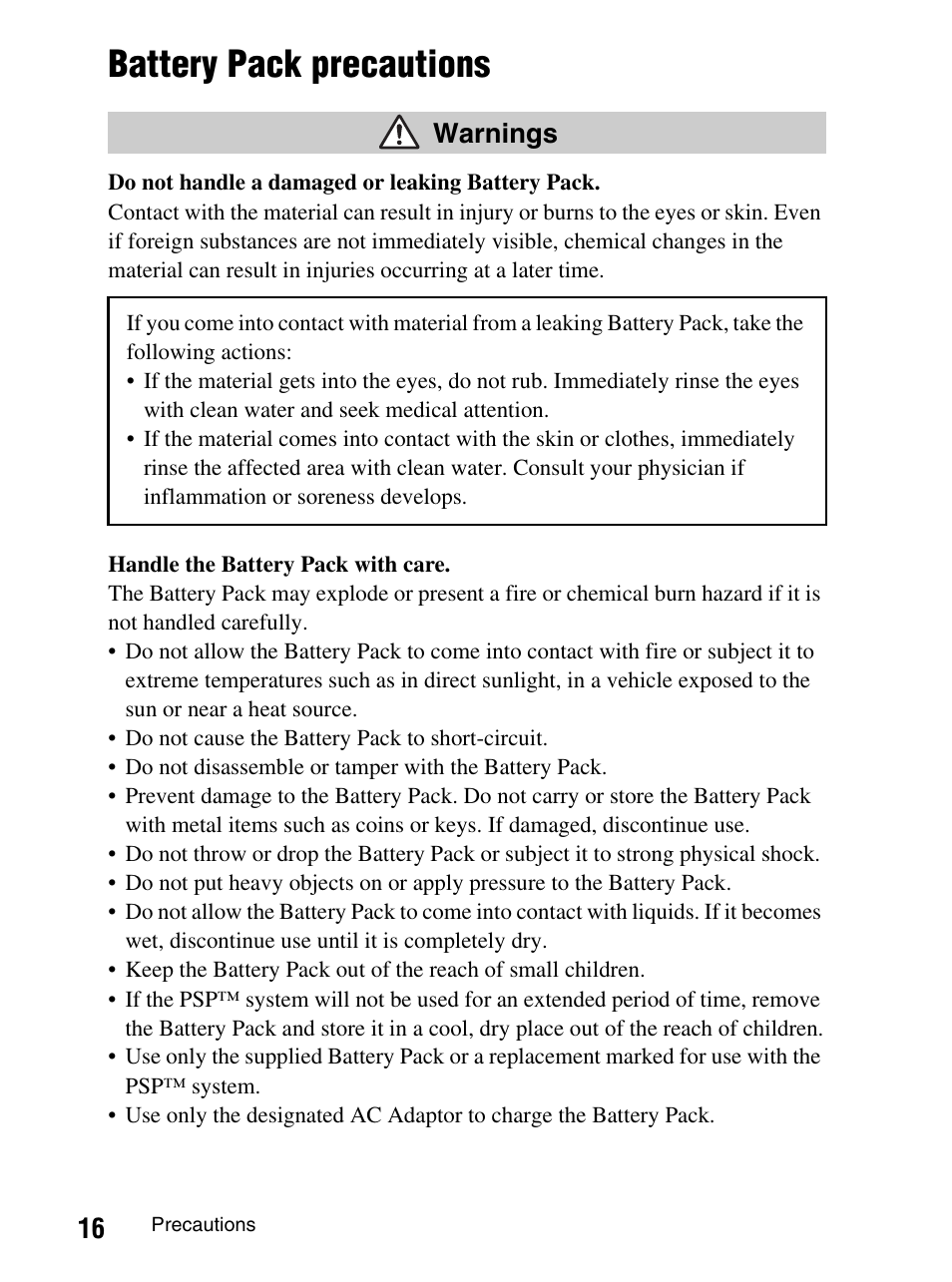 Battery pack precautions, Warnings | Sony PlayStation Portable PSP-1003 K User Manual | Page 16 / 132