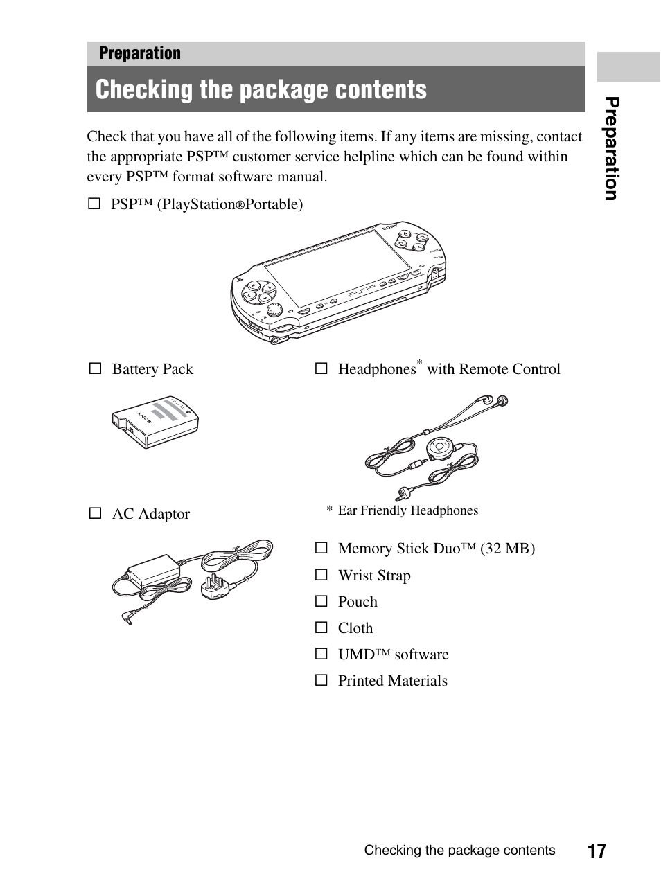 Preparation, Checking the package contents, 17 prepara tion | S battery pack s psp™ (playstation, Portable) s headphones | Sony PlayStation Portable PSP-1003 K User Manual | Page 17 / 132