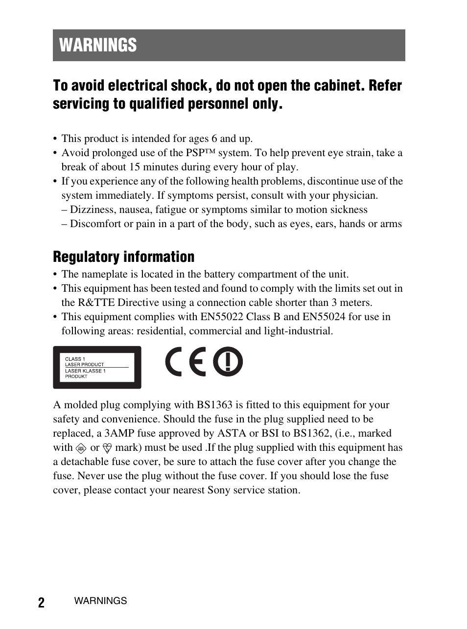 Warnings, Regulatory information | Sony PlayStation Portable PSP-1003 K User Manual | Page 2 / 132
