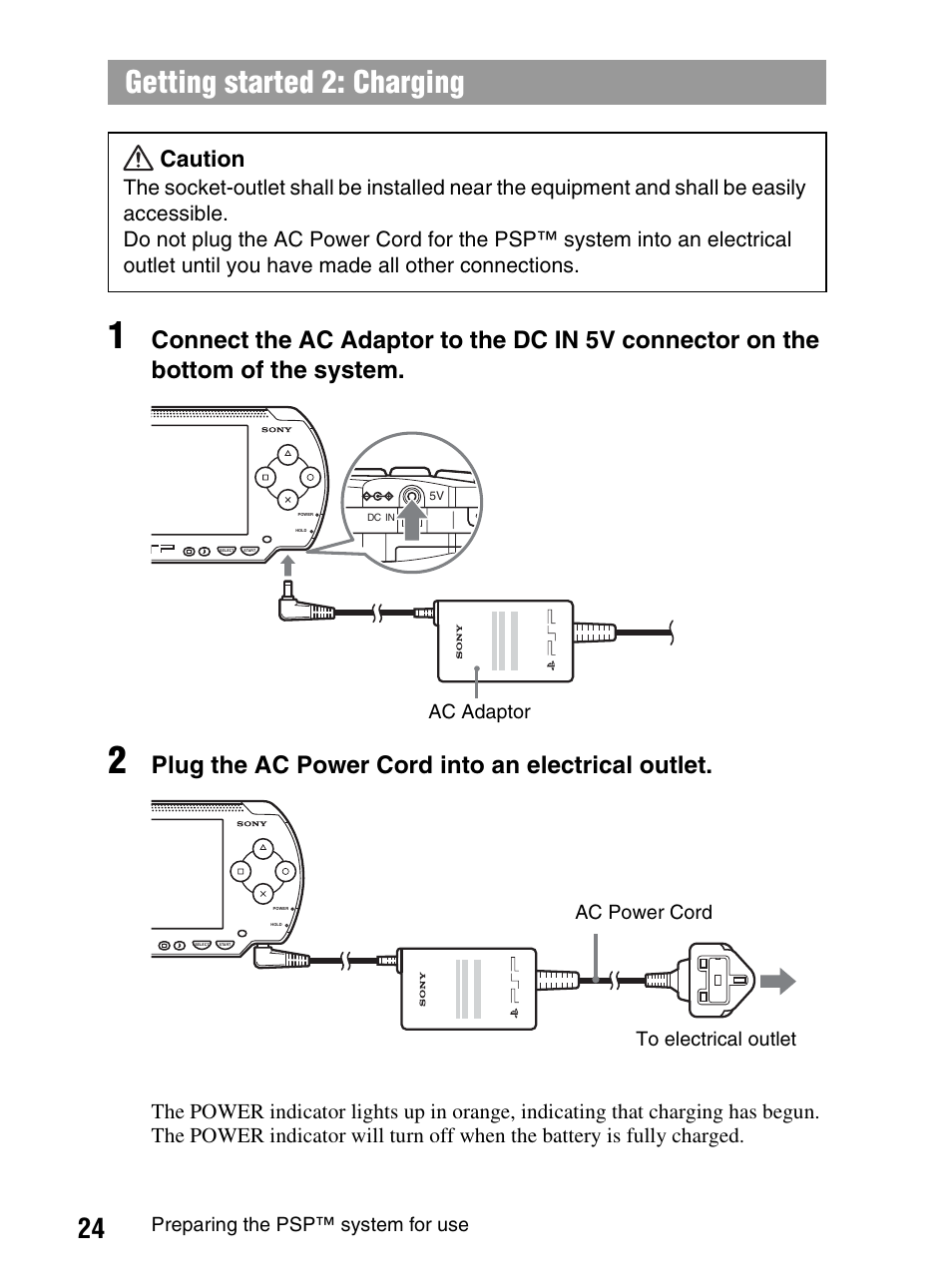 Getting started 2: charging, Plug the ac power cord into an electrical outlet, Caution | Sony PlayStation Portable PSP-1003 K User Manual | Page 24 / 132