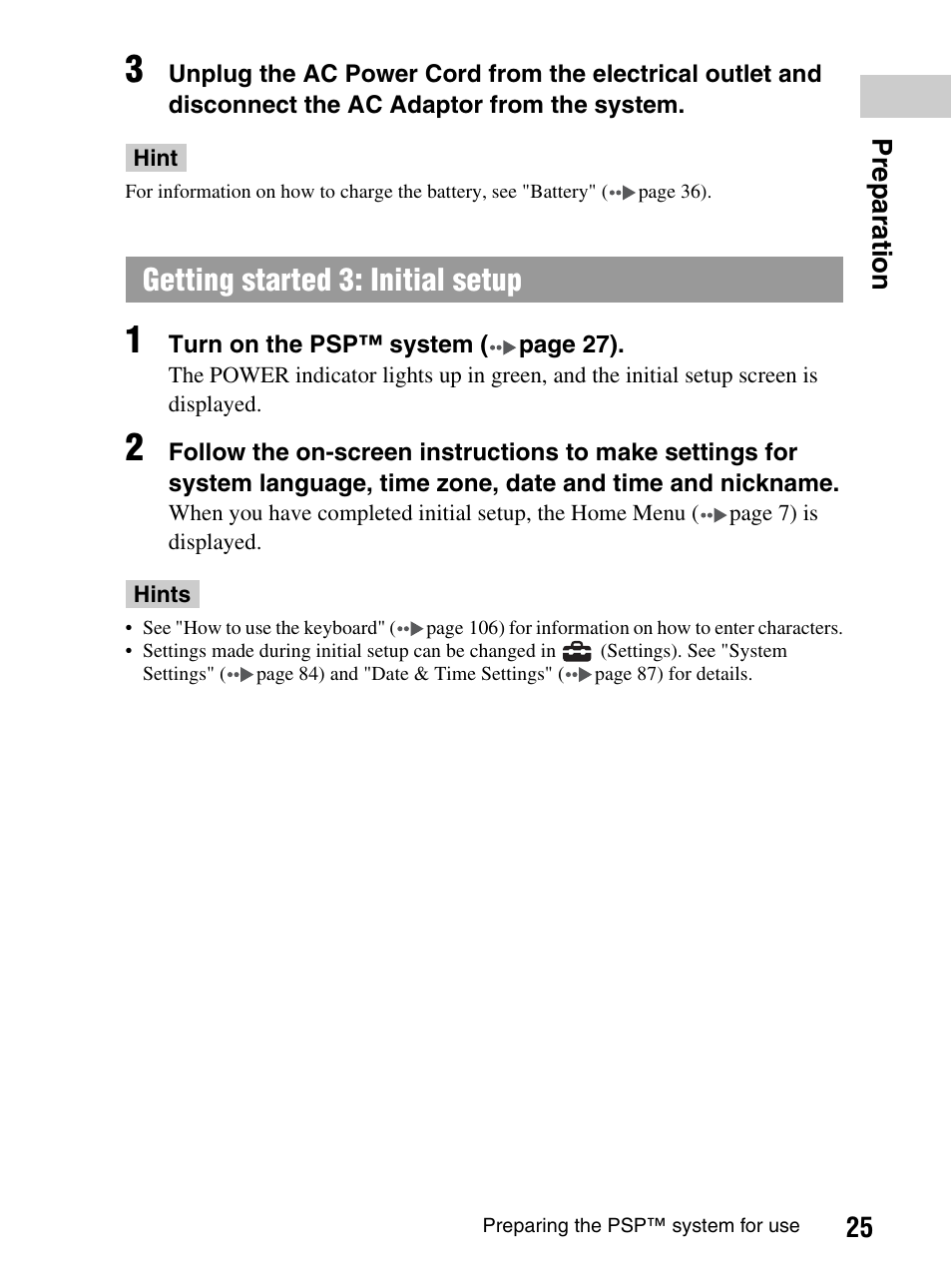 Getting started 3: initial setup, 25 prepara tion | Sony PlayStation Portable PSP-1003 K User Manual | Page 25 / 132