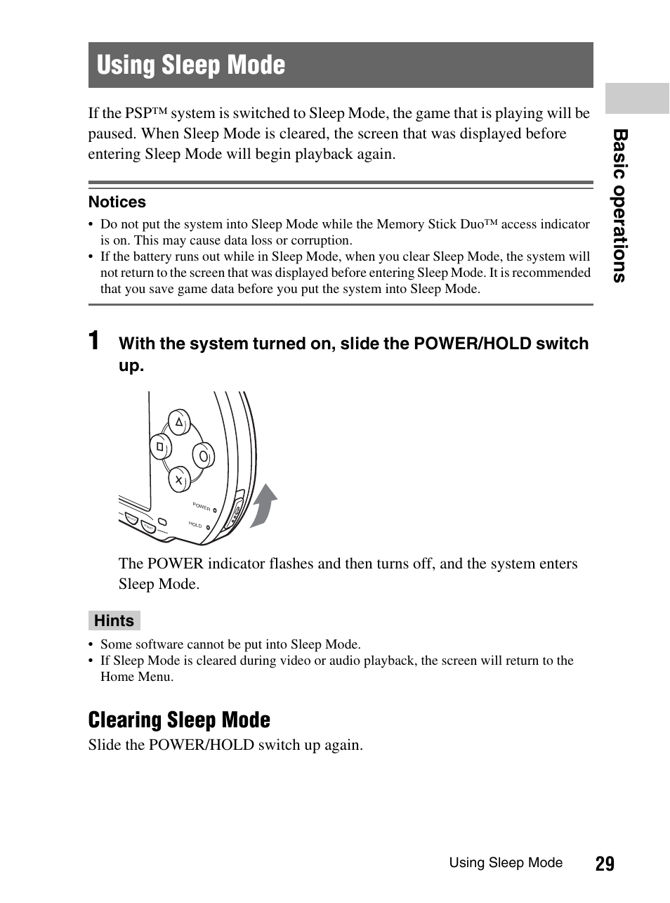 Using sleep mode, Clearing sleep mode, 29 b a si c op er a tio ns | Sony PlayStation Portable PSP-1003 K User Manual | Page 29 / 132