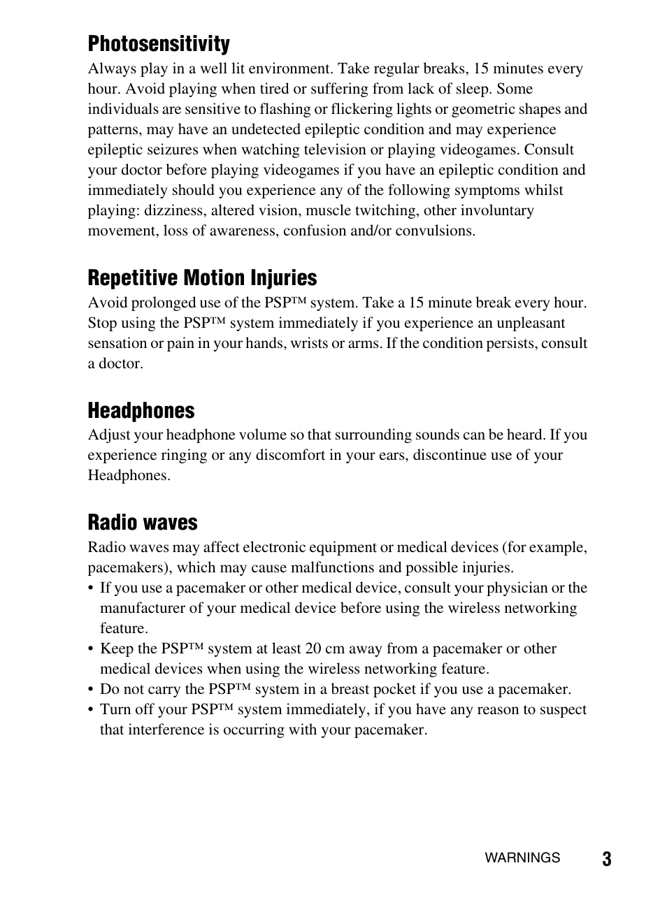 Photosensitivity, Repetitive motion injuries, Headphones | Radio waves | Sony PlayStation Portable PSP-1003 K User Manual | Page 3 / 132