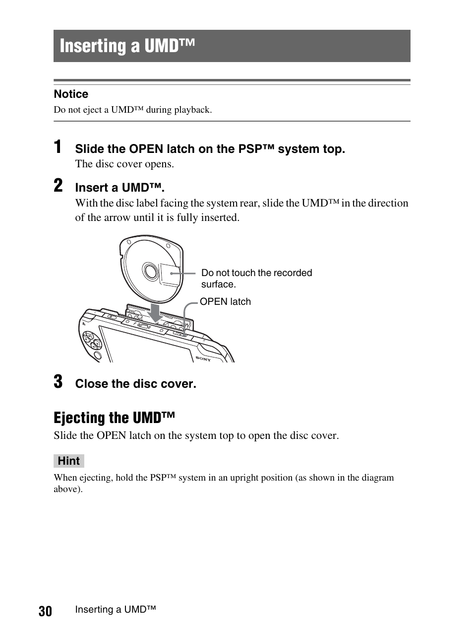 Inserting a umd, Ejecting the umd | Sony PlayStation Portable PSP-1003 K User Manual | Page 30 / 132