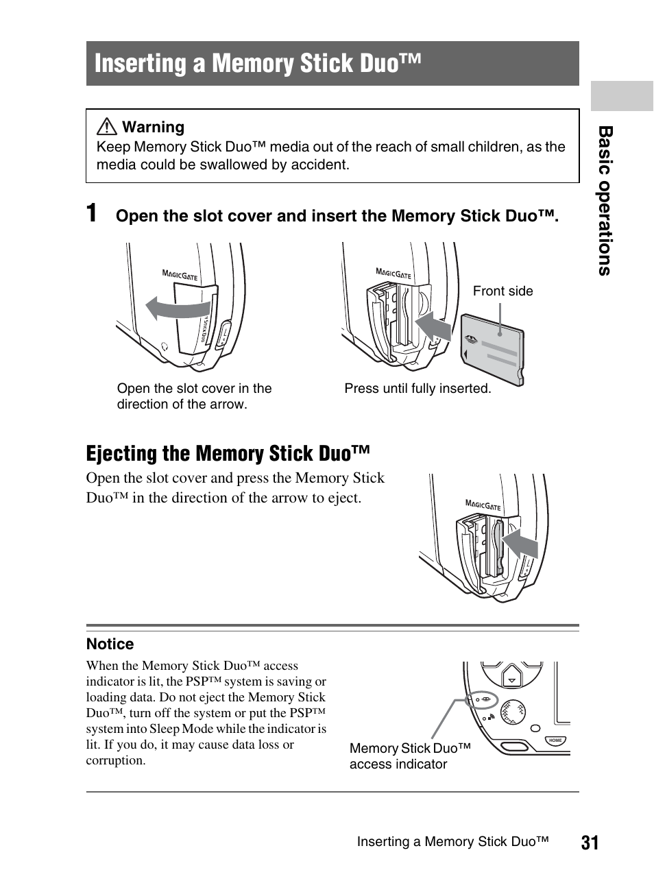 Inserting a memory stick duo | Sony PlayStation Portable PSP-1003 K User Manual | Page 31 / 132