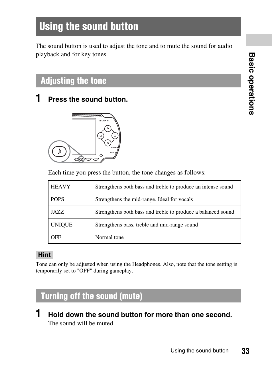Using the sound button, Adjusting the tone, Turning off the sound (mute) | 33 b a si c op er a tio ns | Sony PlayStation Portable PSP-1003 K User Manual | Page 33 / 132