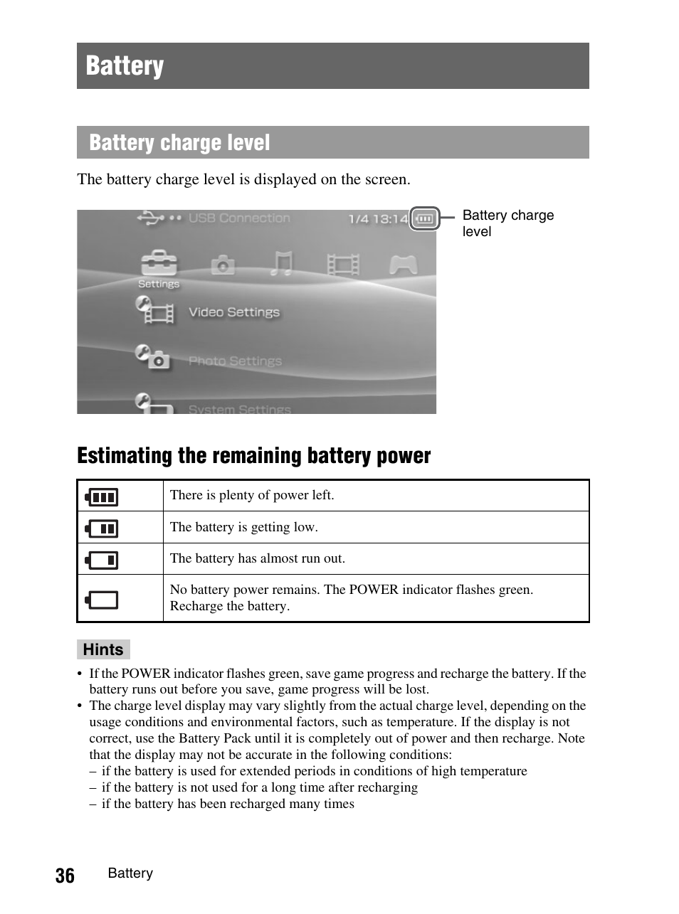 Battery, Estimating the remaining battery power, Battery charge level | Sony PlayStation Portable PSP-1003 K User Manual | Page 36 / 132