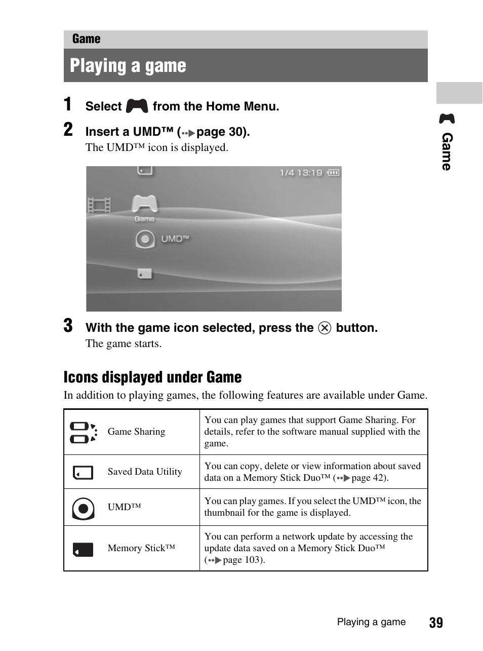 Game, Playing a game, Icons displayed under game | Sony PlayStation Portable PSP-1003 K User Manual | Page 39 / 132