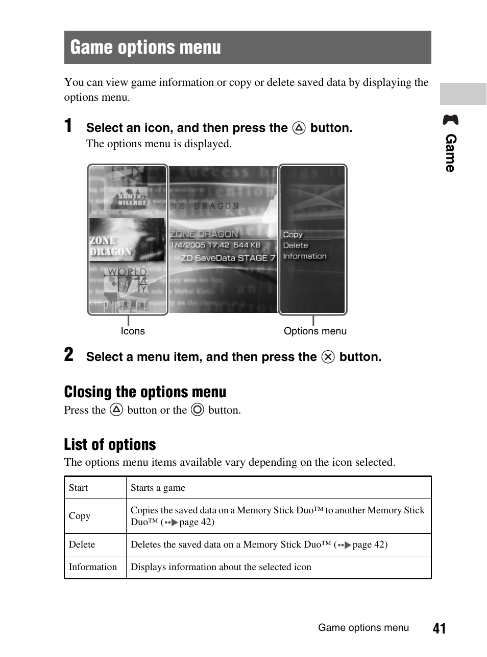 Game options menu, Closing the options menu, List of options | 41 ga me | Sony PlayStation Portable PSP-1003 K User Manual | Page 41 / 132