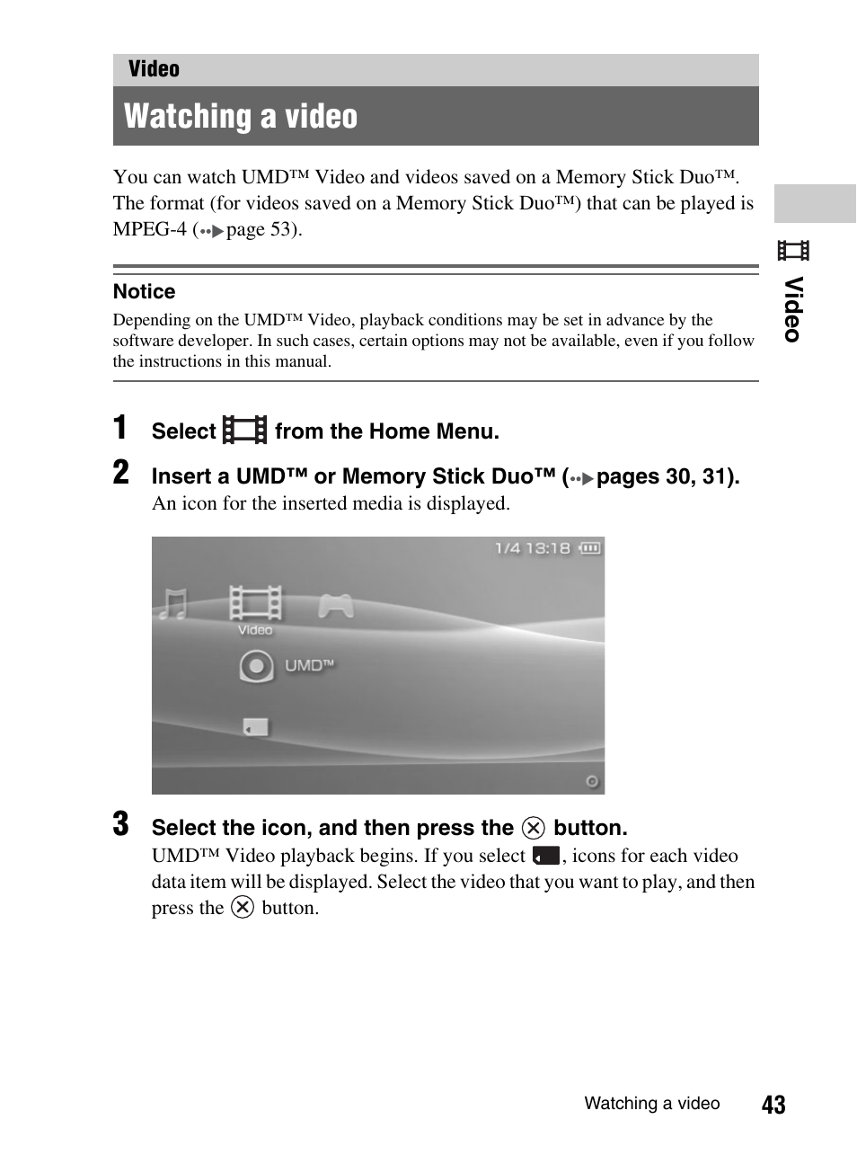 Video, Watching a video | Sony PlayStation Portable PSP-1003 K User Manual | Page 43 / 132