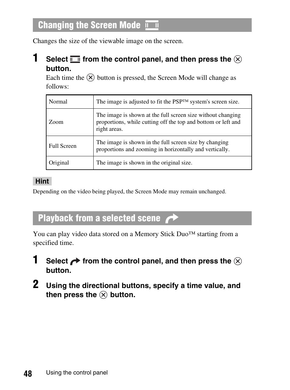 Changing the screen mode, Playback from a selected scene | Sony PlayStation Portable PSP-1003 K User Manual | Page 48 / 132