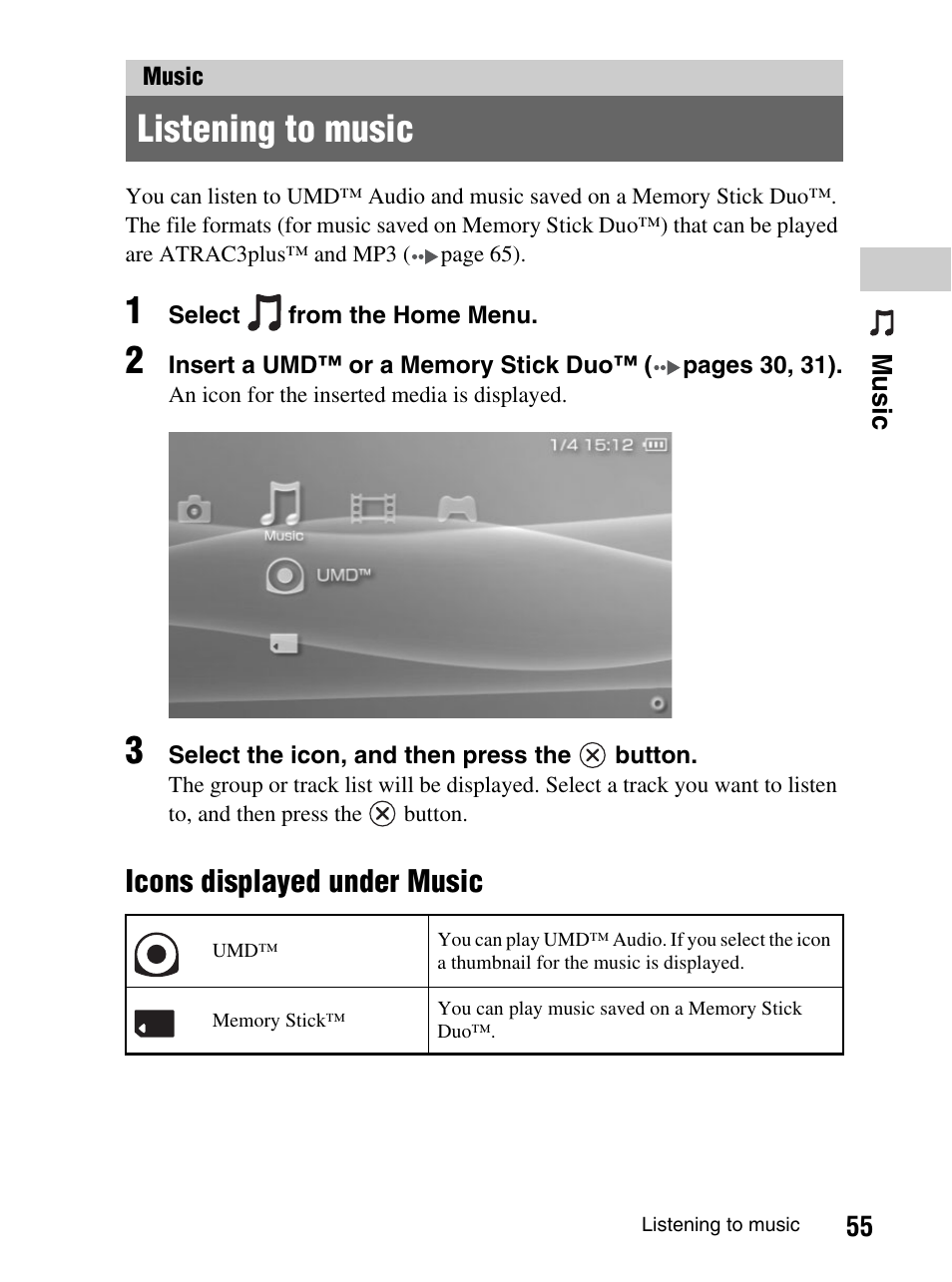 Music, Listening to music, Icons displayed under music | Sony PlayStation Portable PSP-1003 K User Manual | Page 55 / 132