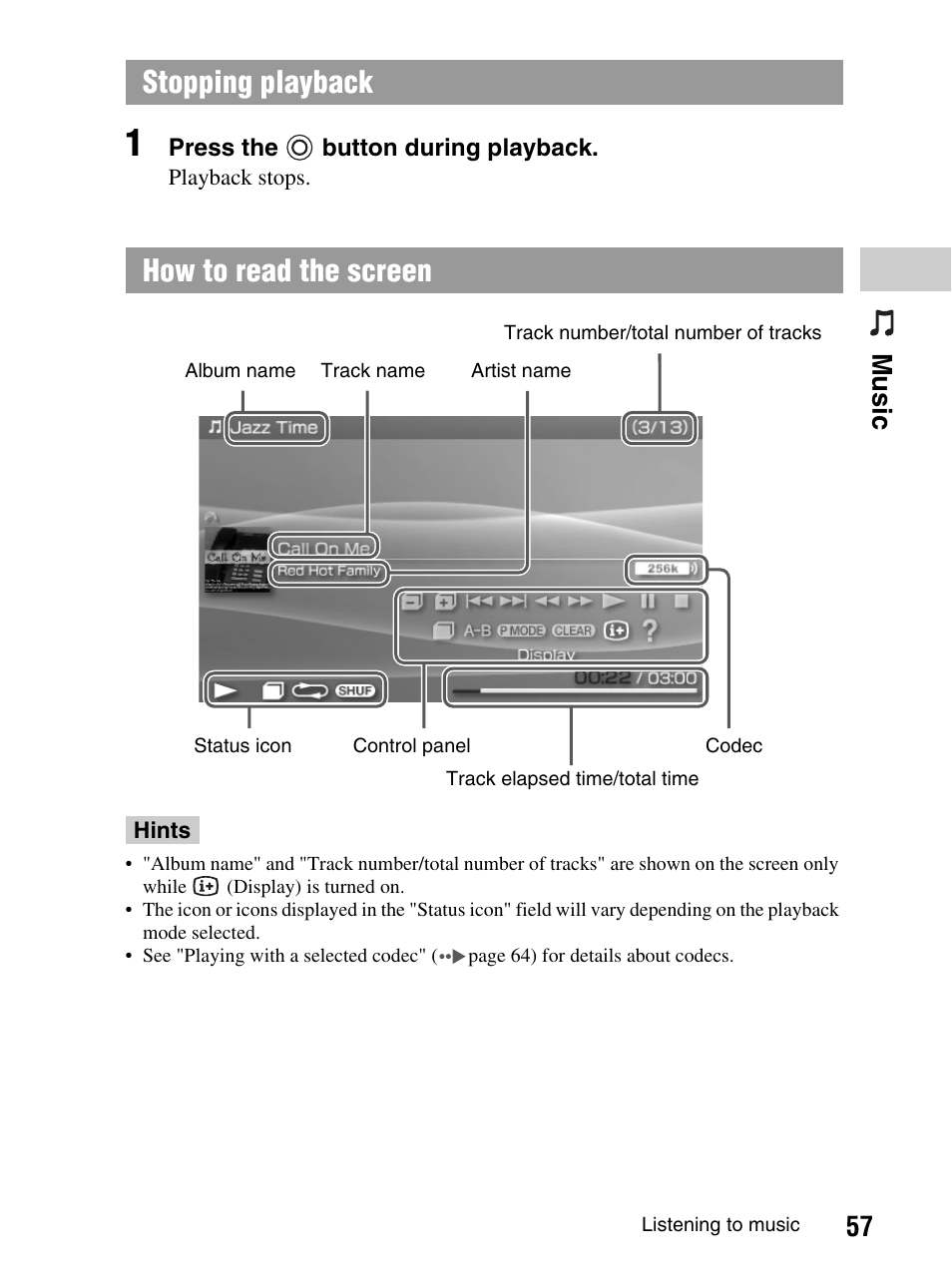Stopping playback how to read the screen, 57 mu si c | Sony PlayStation Portable PSP-1003 K User Manual | Page 57 / 132