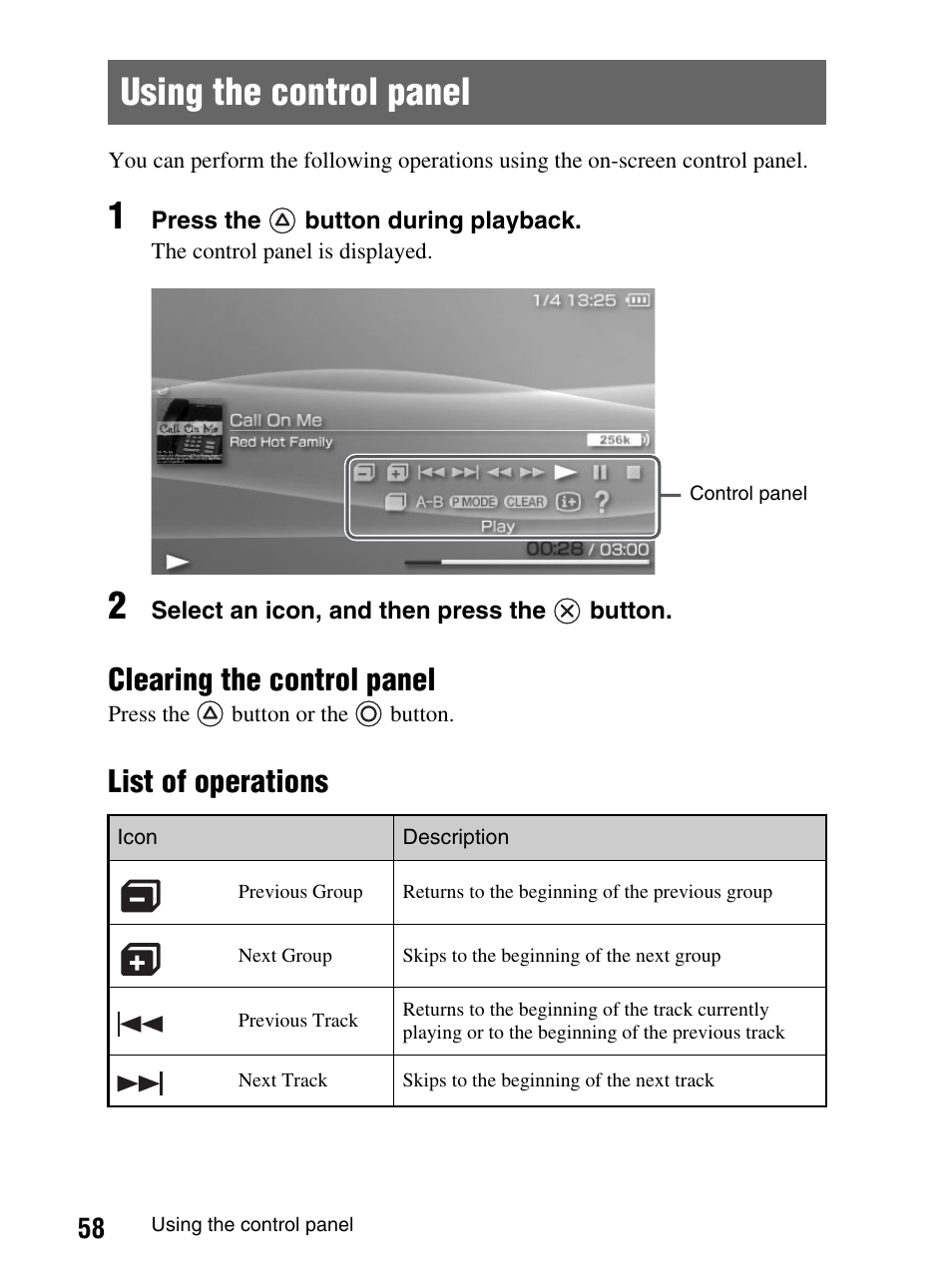 Using the control panel, Clearing the control panel, List of operations | Sony PlayStation Portable PSP-1003 K User Manual | Page 58 / 132