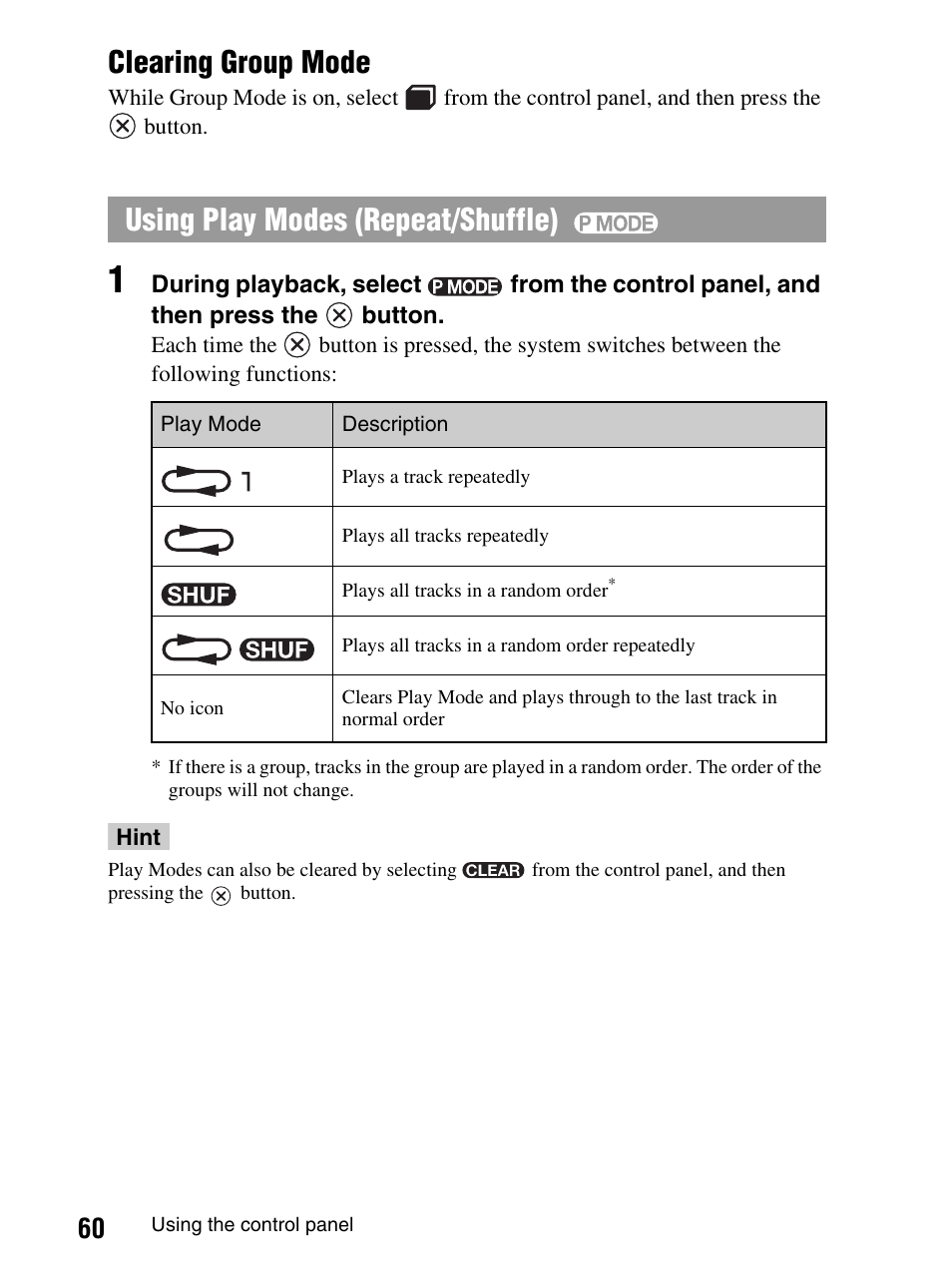 Clearing group mode, Using play modes (repeat/shuffle) | Sony PlayStation Portable PSP-1003 K User Manual | Page 60 / 132