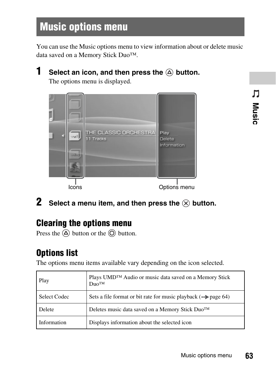 Music options menu, Clearing the options menu, Options list | 63 mu si c | Sony PlayStation Portable PSP-1003 K User Manual | Page 63 / 132