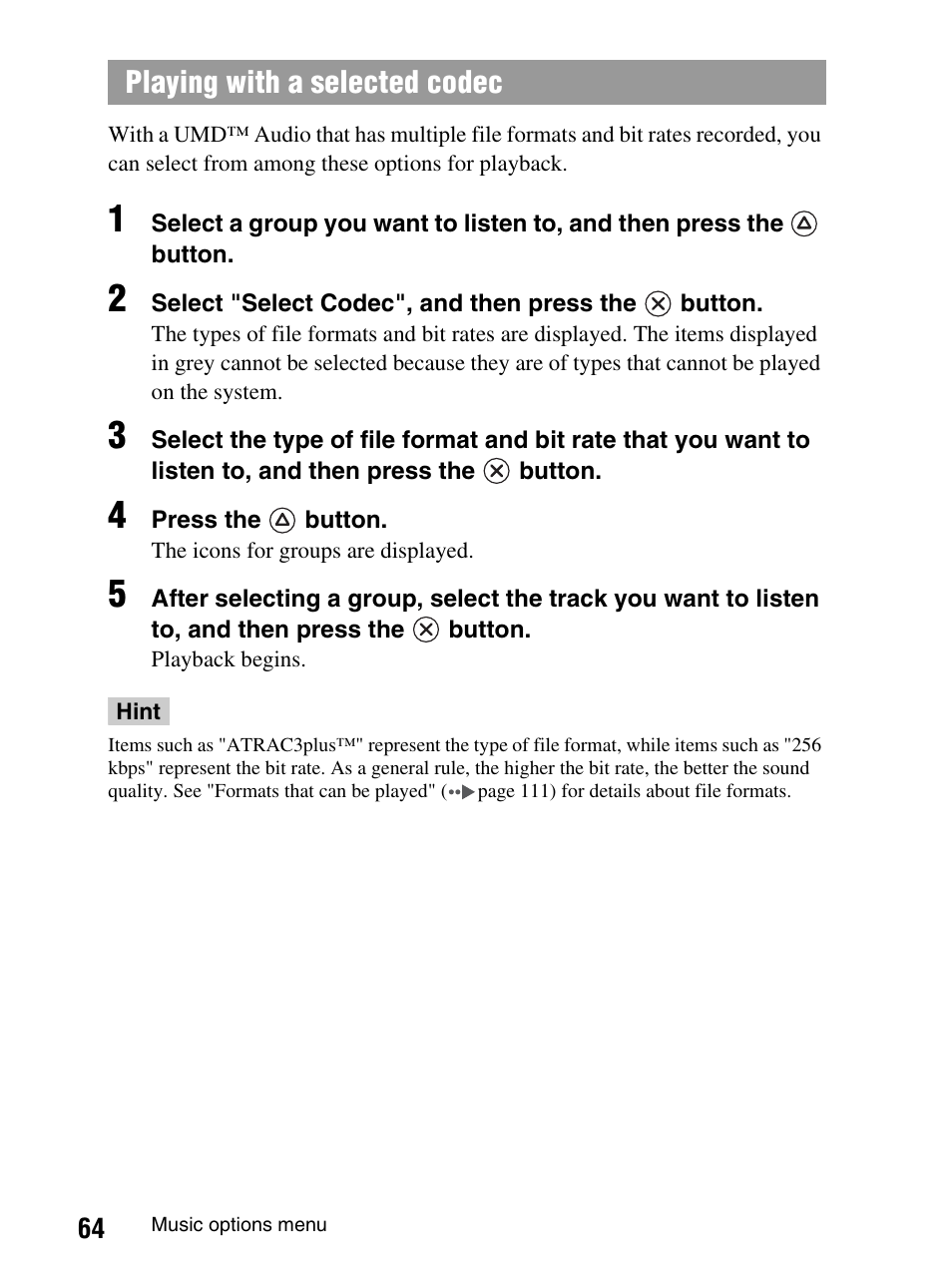 Playing with a selected codec | Sony PlayStation Portable PSP-1003 K User Manual | Page 64 / 132