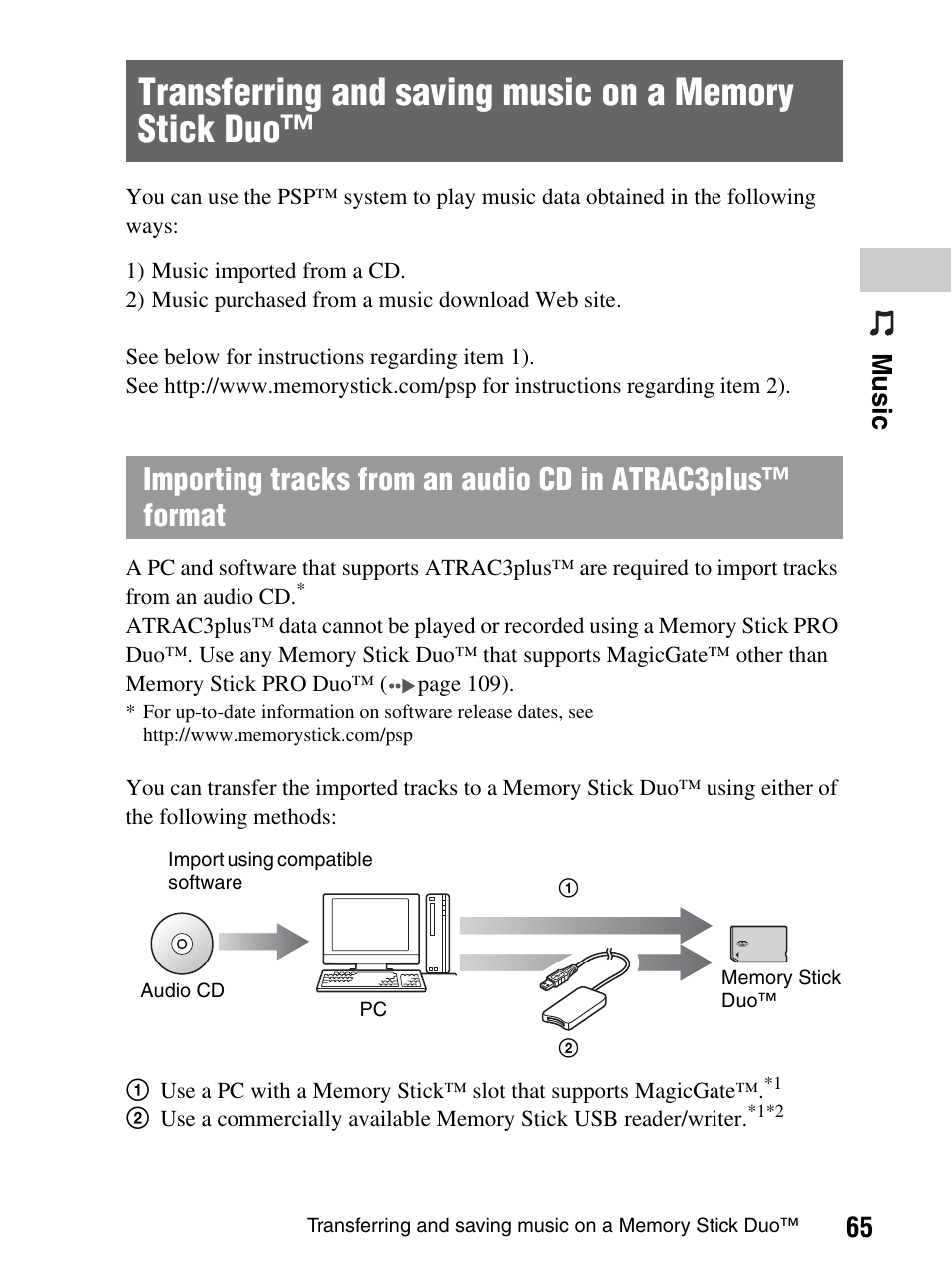 Transferring and saving music, On a memory stick duo, 65 mu si c | Sony PlayStation Portable PSP-1003 K User Manual | Page 65 / 132