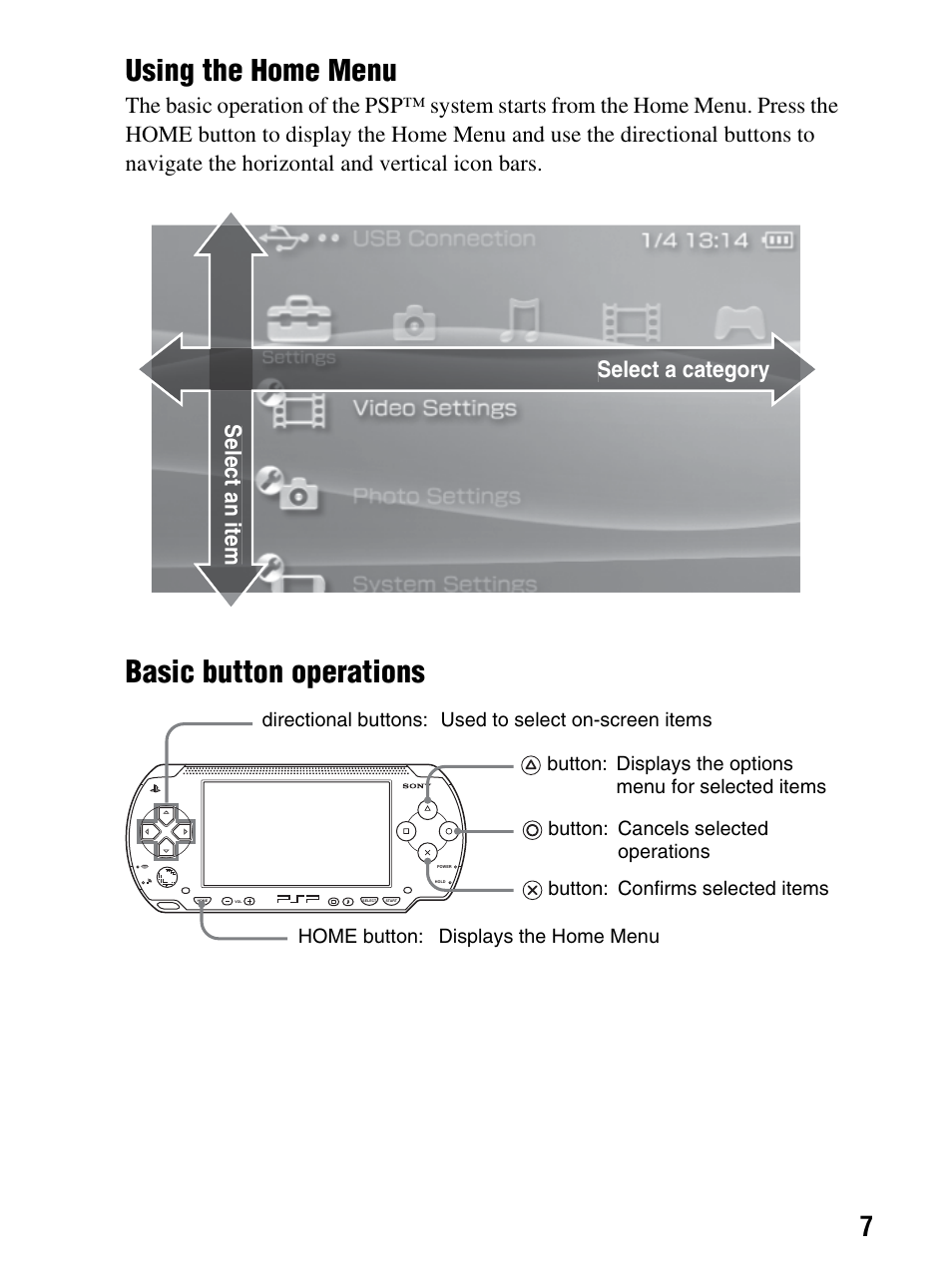 Basic button operations using the home menu | Sony PlayStation Portable PSP-1003 K User Manual | Page 7 / 132