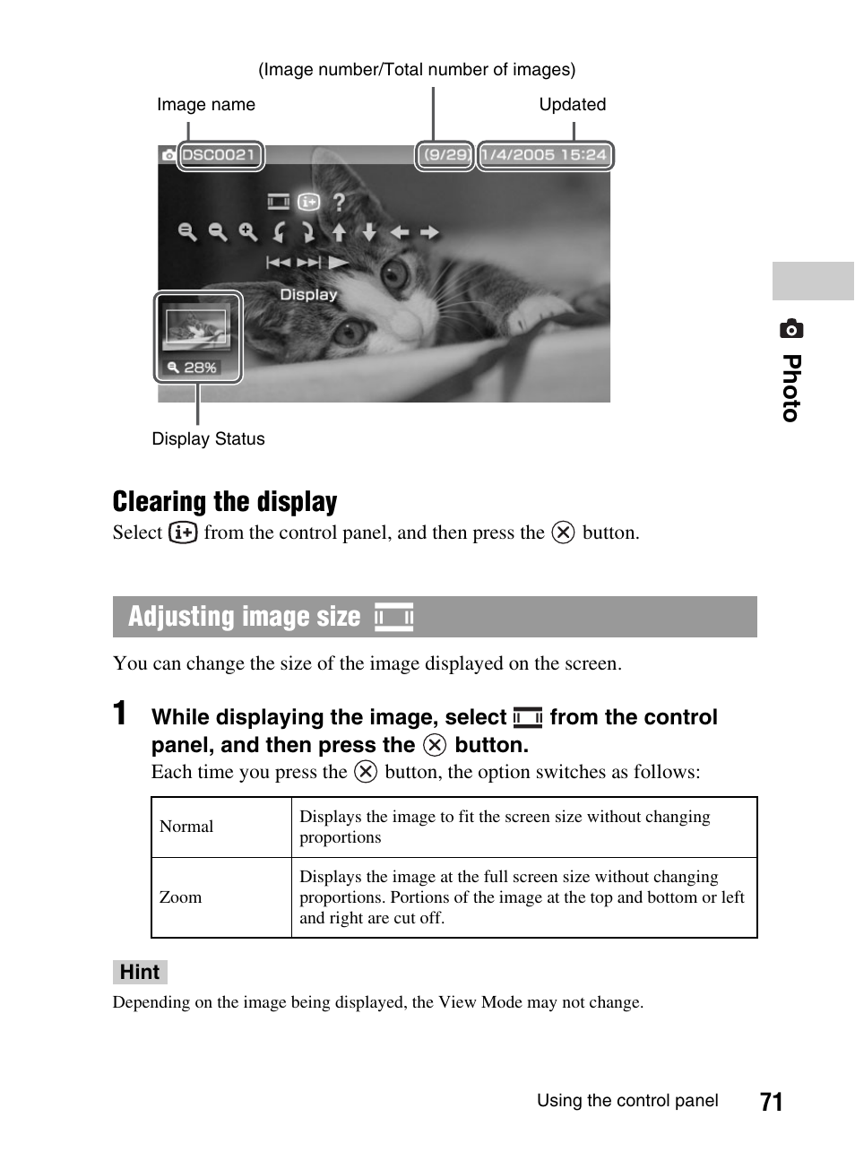 Clearing the display, Adjusting image size, 71 photo | Sony PlayStation Portable PSP-1003 K User Manual | Page 71 / 132