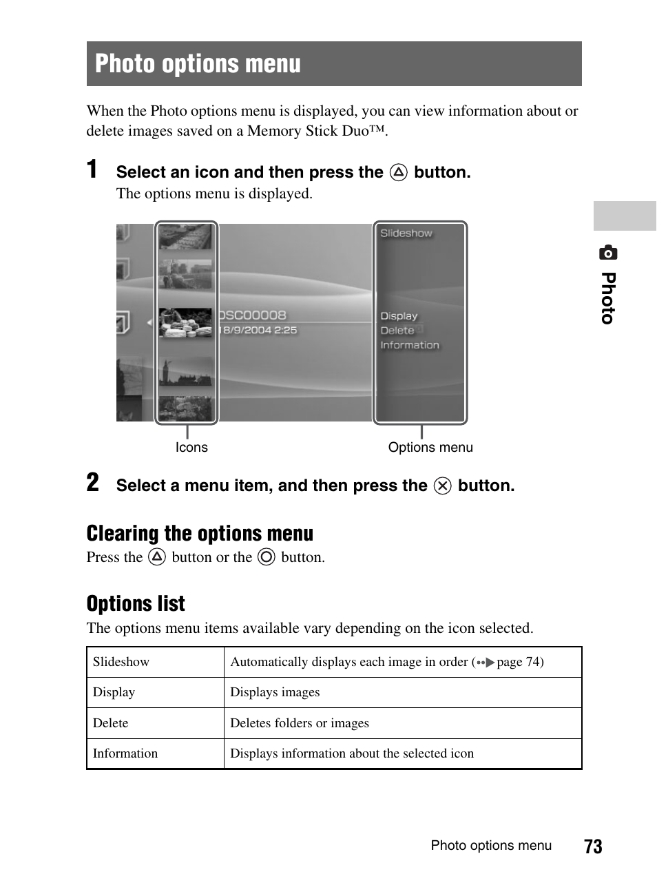 Photo options menu, Clearing the options menu, Options list | 73 photo | Sony PlayStation Portable PSP-1003 K User Manual | Page 73 / 132