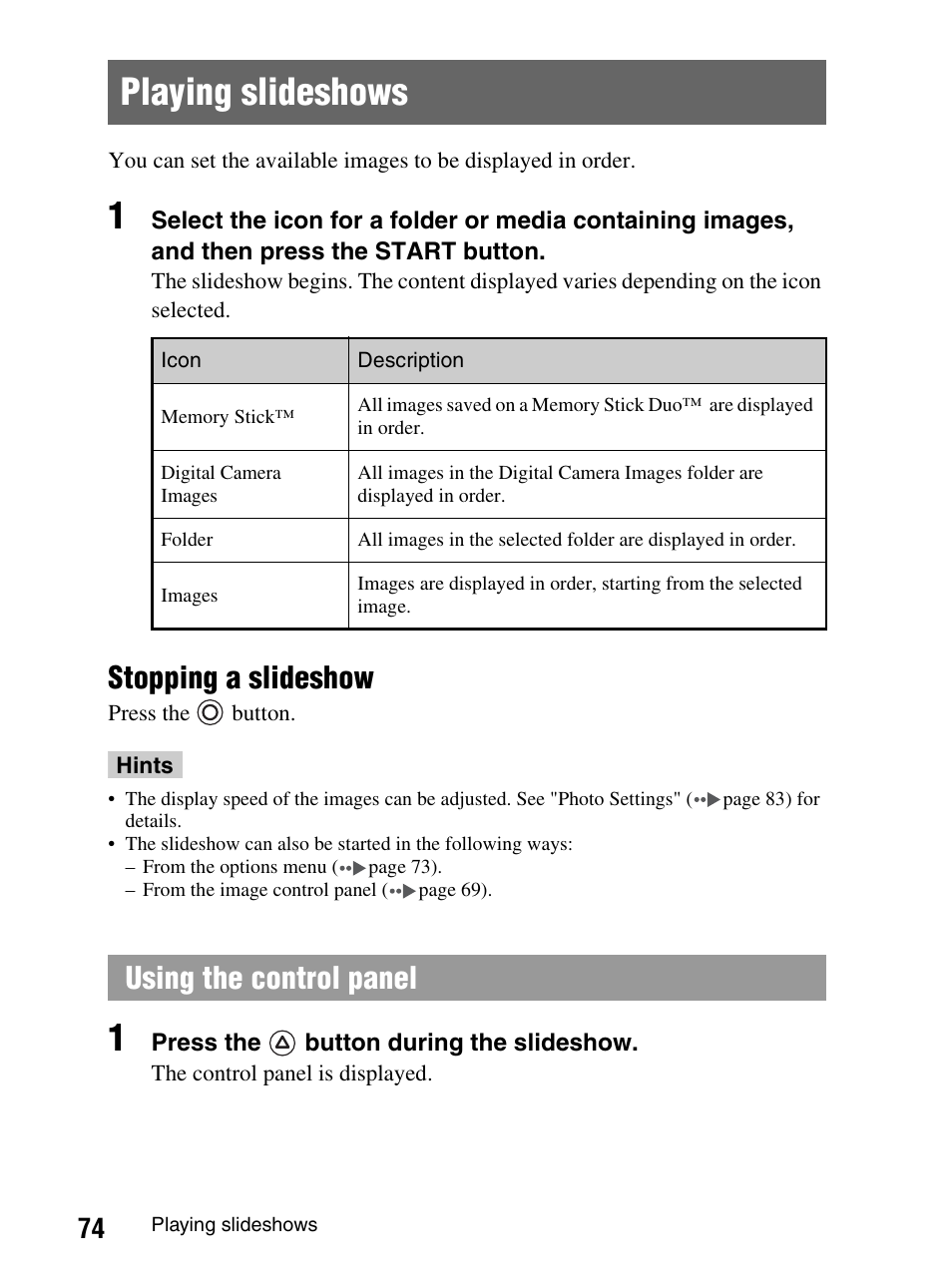 Playing slideshows, Stopping a slideshow, Using the control panel | Sony PlayStation Portable PSP-1003 K User Manual | Page 74 / 132