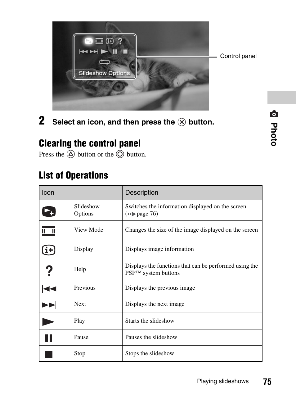 Clearing the control panel, List of operations, 75 photo | Sony PlayStation Portable PSP-1003 K User Manual | Page 75 / 132