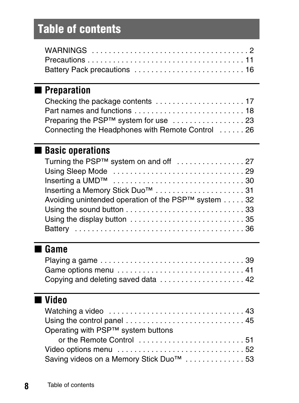 Sony PlayStation Portable PSP-1003 K User Manual | Page 8 / 132